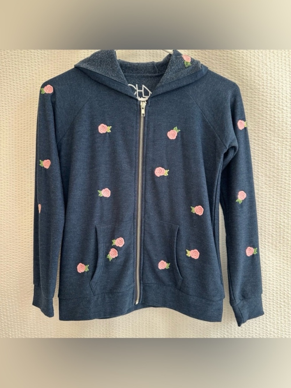 Chaser Allover Floral Rose Buds Girls Blue Pink Zip Up Hoodie Jacket Size: 10